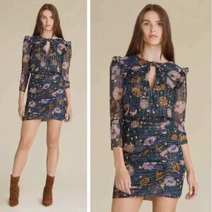 NEW Veronica Beard Peppa Dress Metallic Silk Bohemian Floral Preppy Quiet Luxury